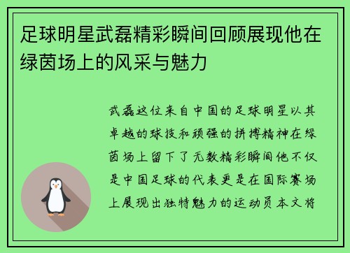 足球明星武磊精彩瞬间回顾展现他在绿茵场上的风采与魅力
